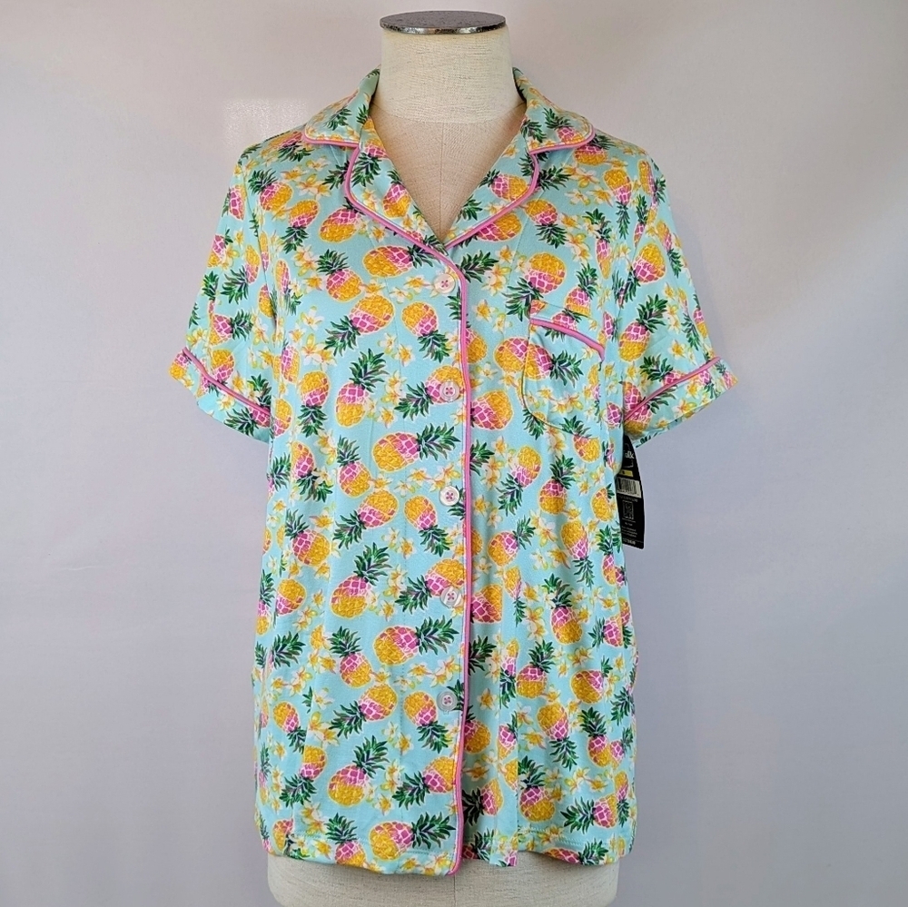 Pillow Talk Tropical Pineapple Print PJ Set Short Sleeve Top Pants Aqua M NWT - Picture 11 of 12